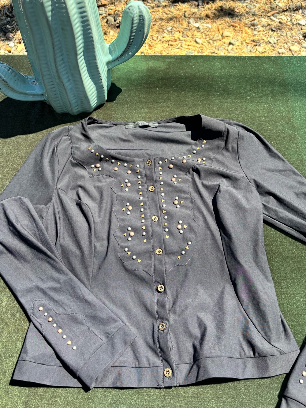 Women’s Black Button-Front Top with Gold Stud Accents